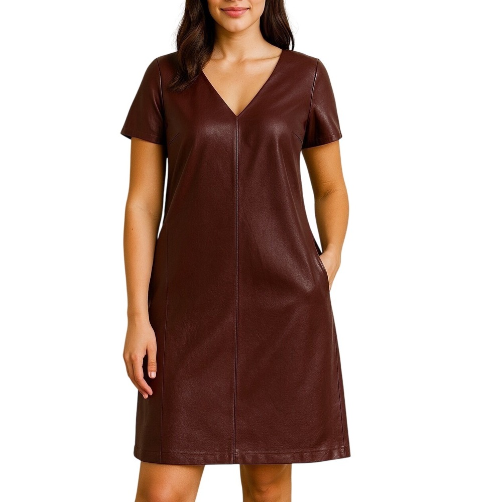 Calvin Klein Women's Work Dress Size M Burgundy Faux Leather Panel V Neck